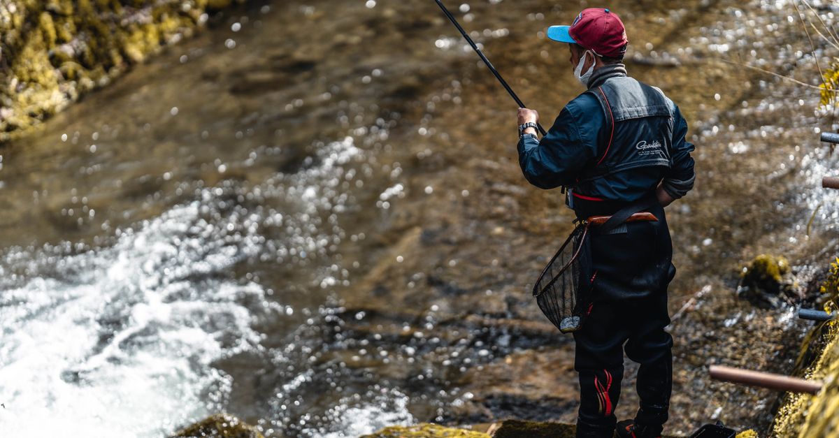 A person in fishing gear casting a fishing line by a river on a sunny day.